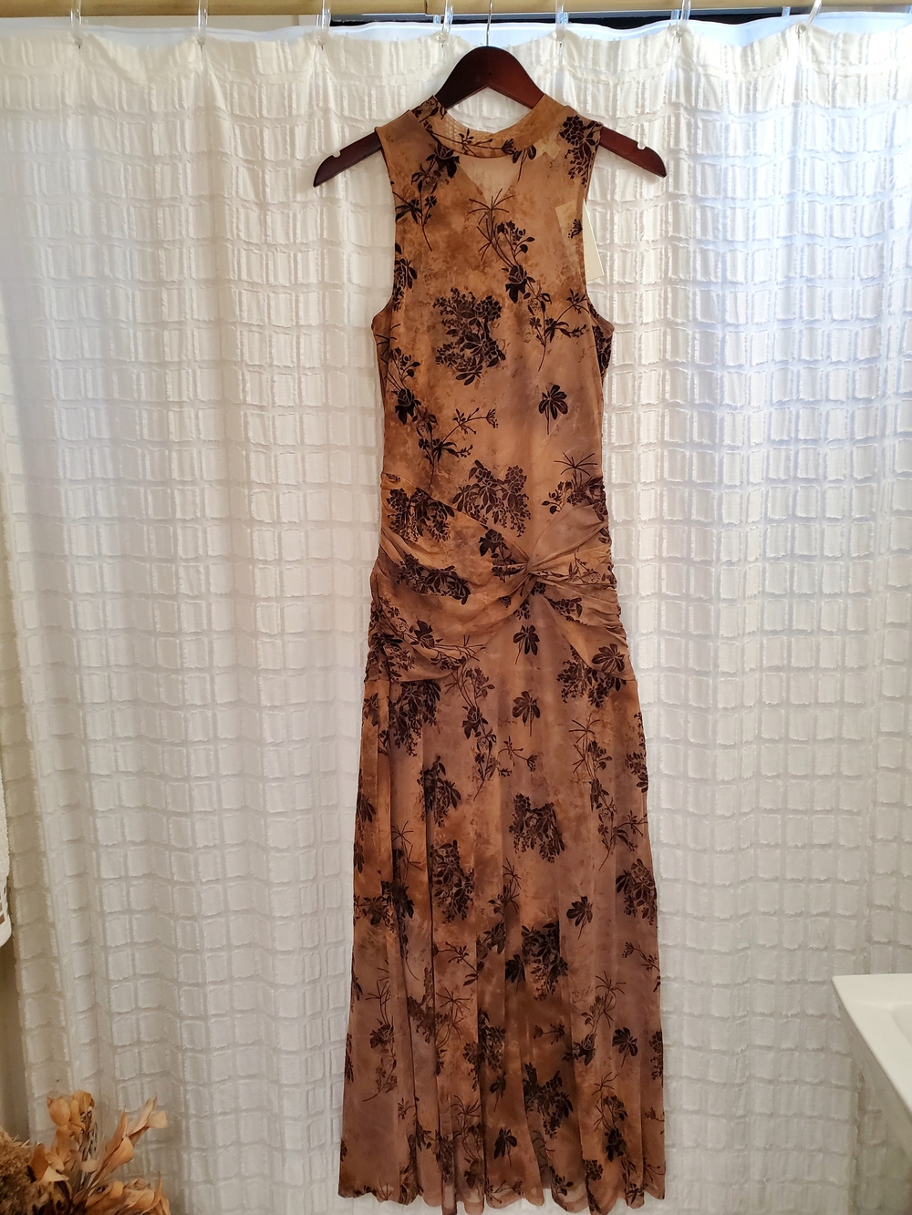 Sleeveless Tan Maxi Dress with Brown Floral Print
